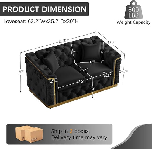 62.2" Luxury Velvet Chesterfield Sofa Tufted Victorian Black and Gold Couch - Image 2