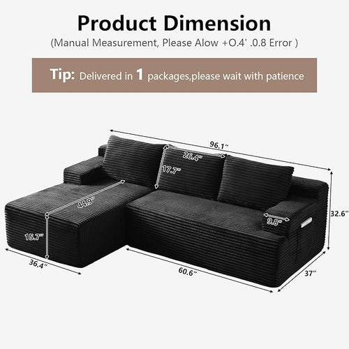 96" Cloud Sectional Couch with L-Shape Chaise, Modular Comfy Sofa Chaise Longue - Image 2