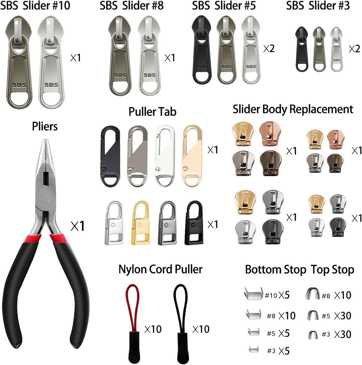 Zipper Repair Kit (188 Pcs) - Universal Fixer for Luggage, Backpacks, Jackets, Coats & Boots Includes #3#5#8#10 Sliders, Zipper Pull Replacement, Stops & Repair Tool（Non-YKK Compatible）