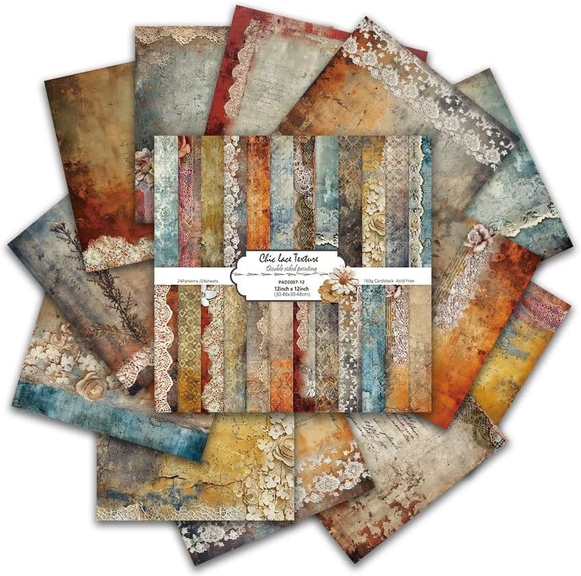 Vintage Lace Pattern Scrapbook Paper Pad 12×12,24 Sheets Double-Sided Coffee Floral Scrapbooking CardStock Paper Pad for Holiday Cardmaking DIY Junk Journal Origami Papers.