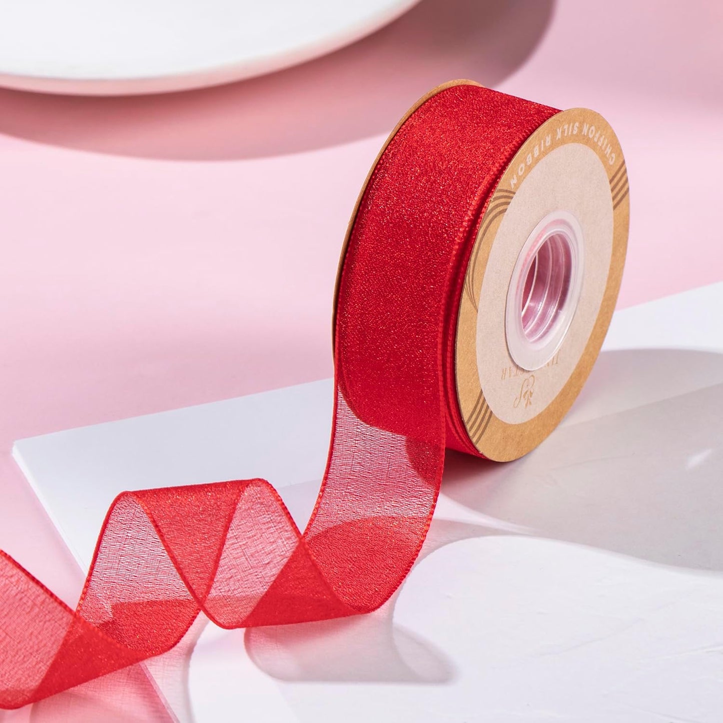 1 Inch Wide Sheer Chiffon Ribbon - Pearl Silk Woven Ribbon Suitable for Gift Wrapping, Wedding Decor, Home Decor, Girl Hair Accessories Handmade DIY (25 Yards/roll) (Red)