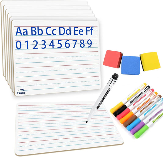 6pack Dry Erase Board 9"x12" with Lines and Blank Surface Learning,Math,Writing - Student,Teacher & Homeschool Supplies Mini Whiteboard Erasers Included Colors pens