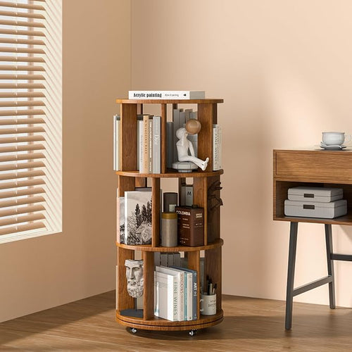 3-Tier Solid Wood Rotating Bookshelf on Wheels, 360° Spinning Book Shelf Tower by IUNVR