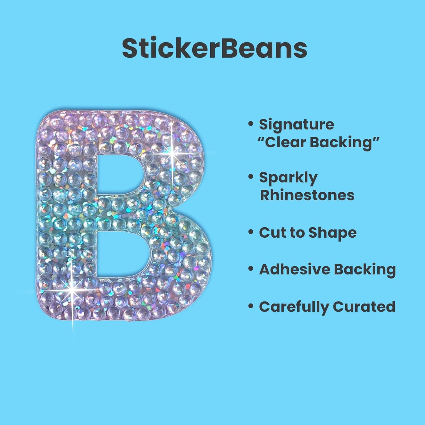 StickerBeans® Rhinestone Alphabet Letter Sticker B - Unique Sparkly Design 2” x 2” Cut-to-Shape Adhesive - Personalization, Collecting, Gifting, Scrapbooking, Decorating Laptops, Phone Cases, All Ages