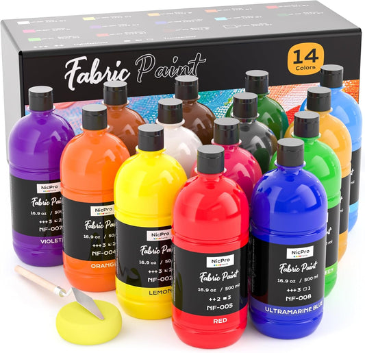 Nicpro 14 Colors Permanent Fabric Paint (16.9 oz, 500 ml) Soft Fabric Paint for Clothes, Non-Toxic Textile Paint for Fabric DIY Crafts, T-shirts, Shoes Jeans Bags Canvas for Adult with Color Wheel