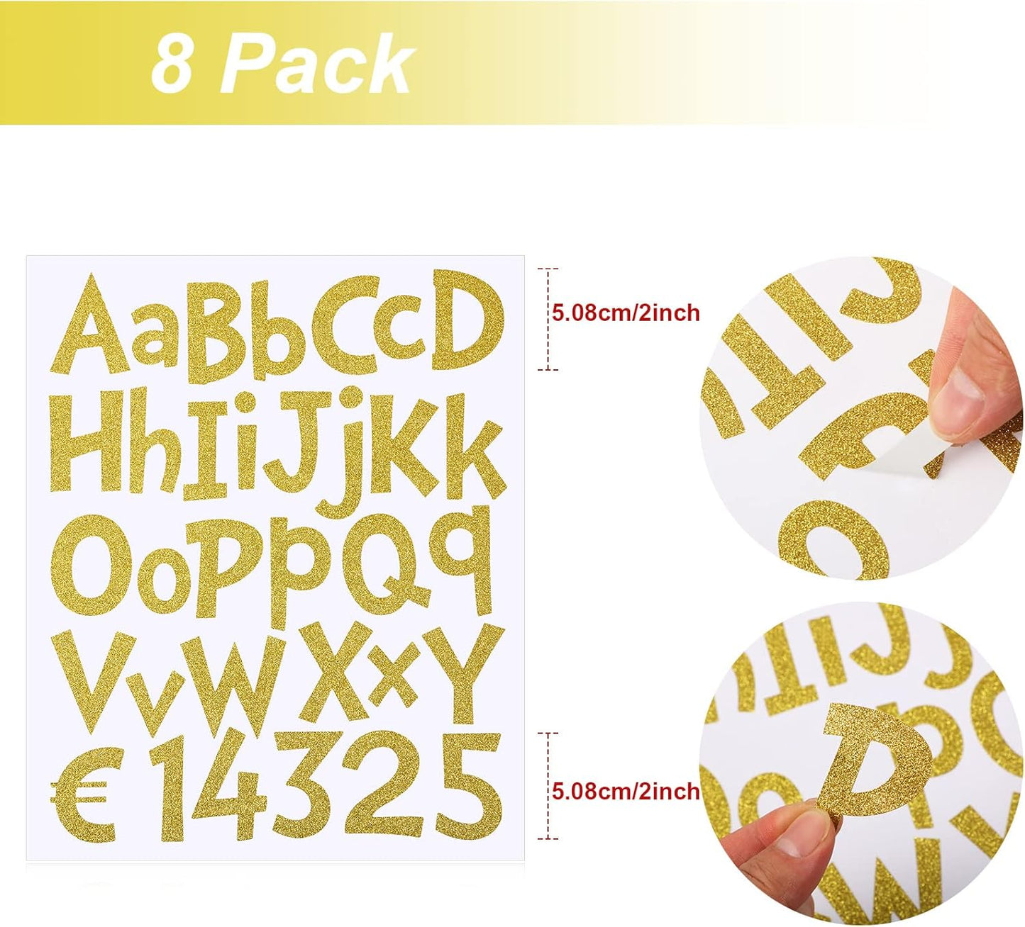 TaoBary 544 Pcs 2 Inch 16 Sheets Large Letter Stickers, Upper and Lower Case, Adhesive Vinyl Alphabet Sticker for Bulletin Board, Poster, Bottle, DIY, Notebook(Glitter Gold,2 Inch)