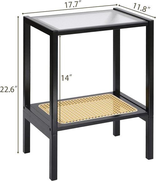2-Tier Bamboo Side Table, Modern Glasstop Rattan Side Table, Mid Century Wood - Image 2