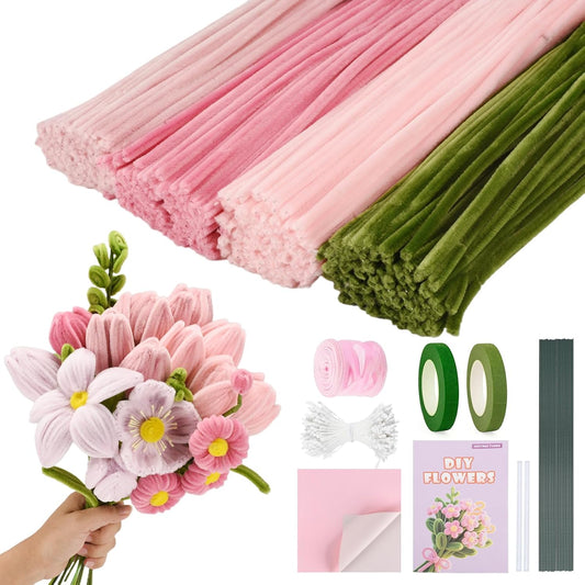 Pipe Cleaners Craft, 400pcs Pipe Cleaners with Flower Stems, Floral Tape, Ribbon, for Flower Bouquet DIY-Pink