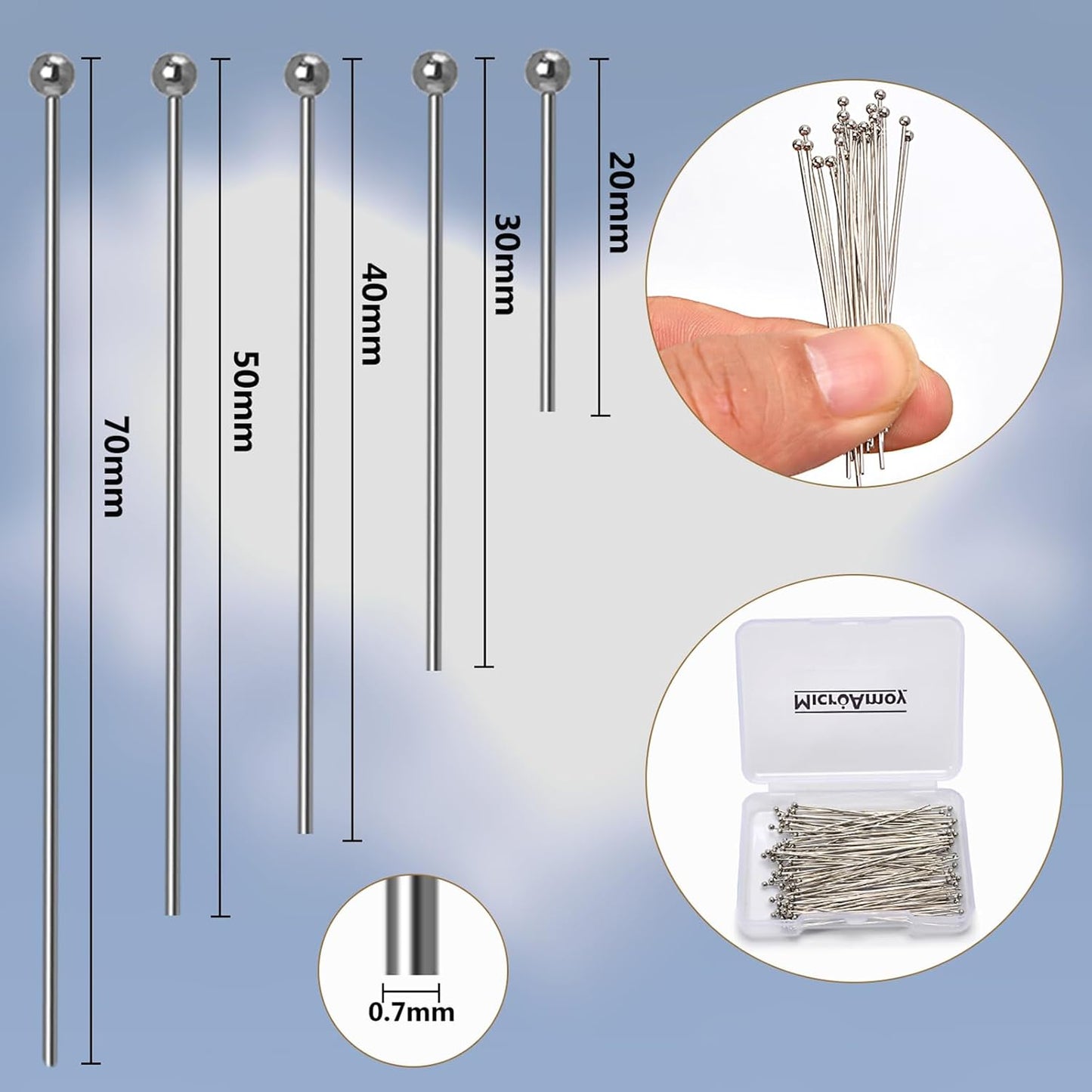 100pcs Silver Filled Ball Pins Non Tarnish Craft Earring Bracelet Jewelry Making Accessories Supplies (70mm (2.75in), Silver-Ball Pin)