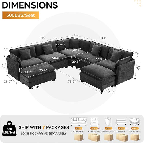 113'' V Shaped Cloud Sectional Sofa, Oversized Deep Seat Couches - Image 2