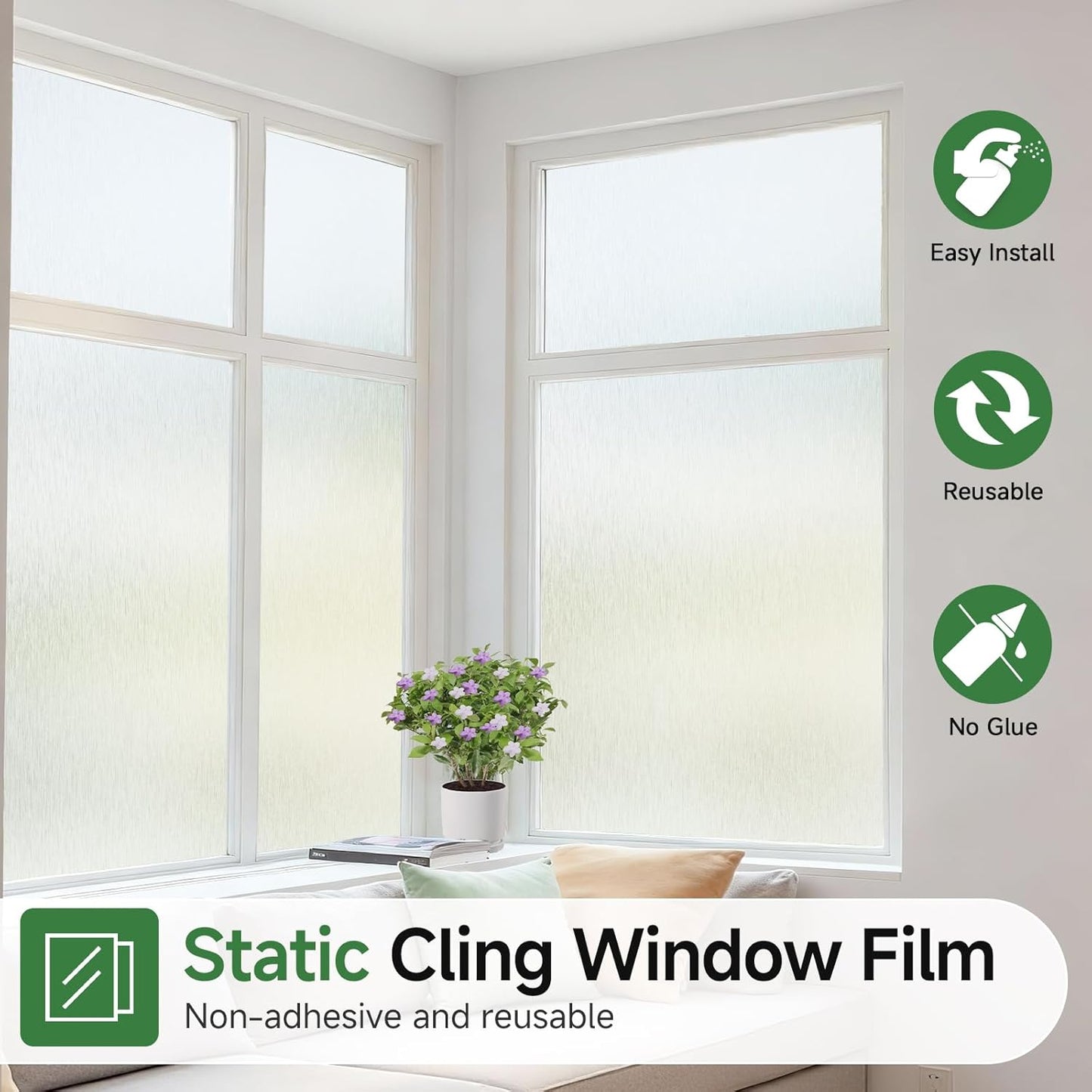 Borsky Frosted Glass Window Film - Static Cling, 96% UV Blocking Non-Adhesive Privacy Window Film, Removable Window Cling with Day & Night Privacy for Bathroom Home Office, 23.6 x 78.7 Inches, Pure