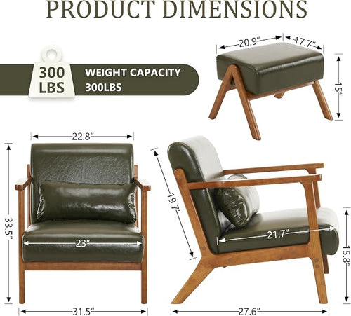 Accent Chair and Ottoman Set, Mid-Century Modern Faux Leather Upholstered - Image 2