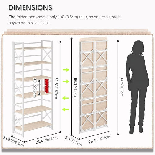 4NM 6 Tiers No Assembly Book Shelves, 61.8" H Folding Bookshelf Bookcase Open - Image 2