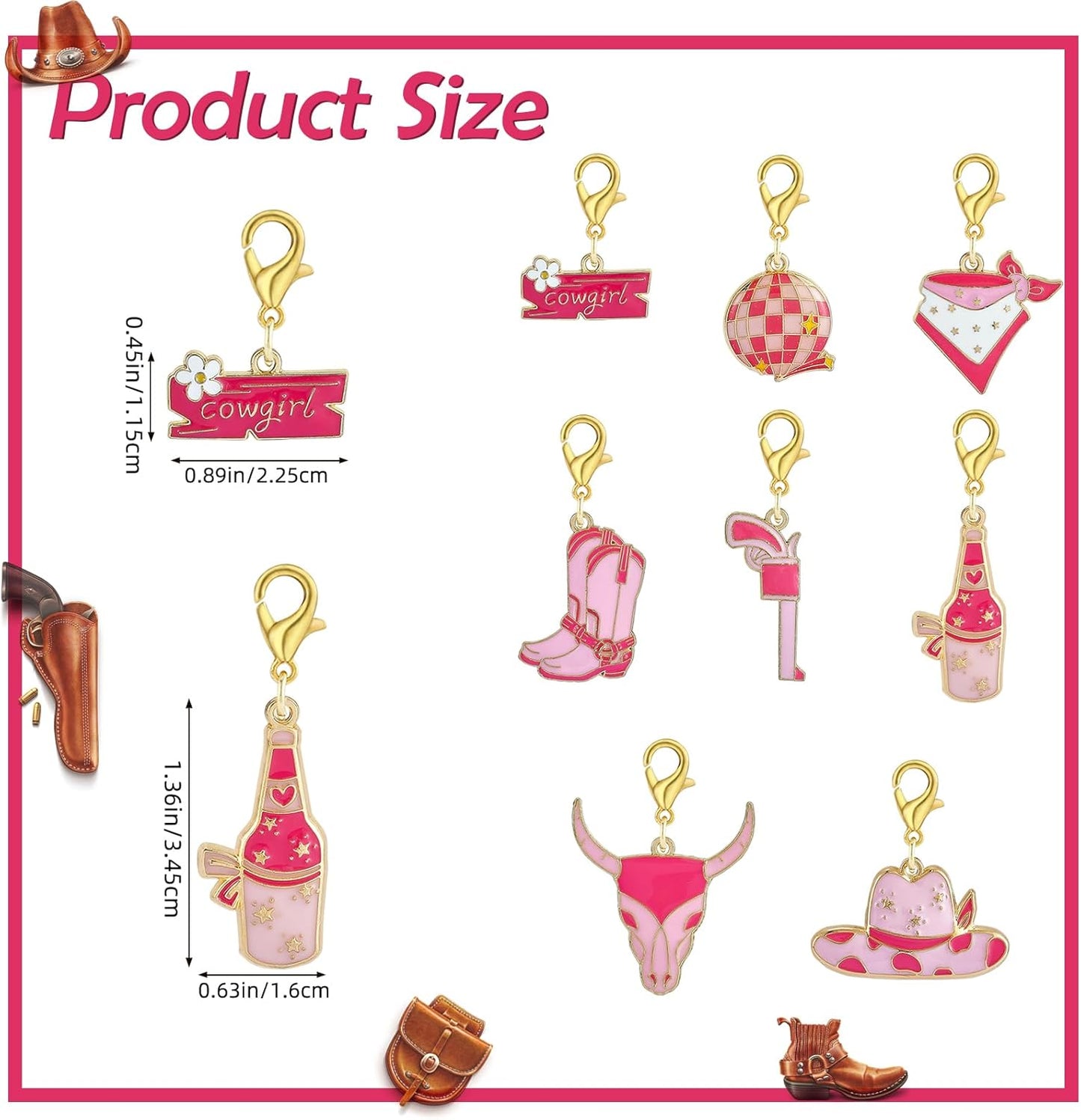 BEEFLYING 16Pcs Cowgirl Stitch Marker Charms for Crocheting and Knitting, 8 Styles Locking Pink Enemal Crochet Knit Stitch Marker Pendant with Leverback Clasp for Knitting Crocheting Accessories