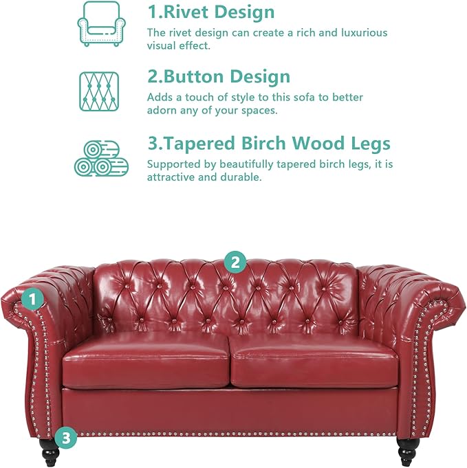 Chesterfield Loveseat Sofa, Modern Leather Small Sofa Couch 2 Seater - Image 5