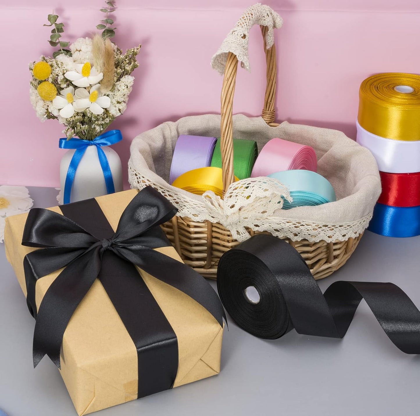 1 1/2 Inch Black Solid Satin Ribbon, 50 Yards Craft Fabric Ribbon for Gift Wrapping Floral Bouquets Wedding Party Decoration