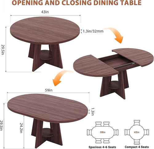 43''–59'' Extendable Dining Table, Round Kitchen Dining Room Dinner Table - Image 2