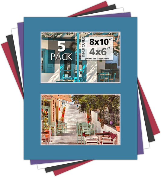 Mat Board Center, Pack of 5, Photo Picture Mats - Acid Free, 4-Ply Thickness, White Core - for Pictures, Photos, Framing (8x10 for 2-4x6 Mixed Color)