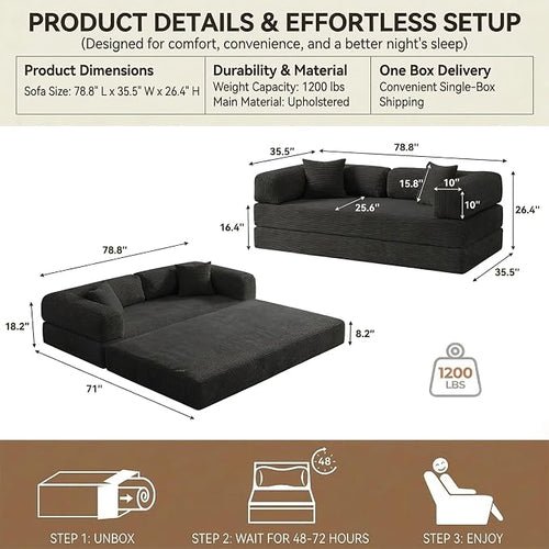 78" 4-in-1 Convertible Sofa Bed, Boneless Corduroy Sleeper Couch - Image 2