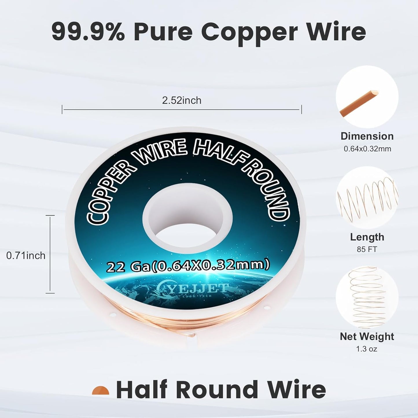 22 Gauge Copper Wire Half Round 0.64x0.32mm - 1.3 oz (85 Feet) Fine Craft Wire for Filigree & Miniature Arts