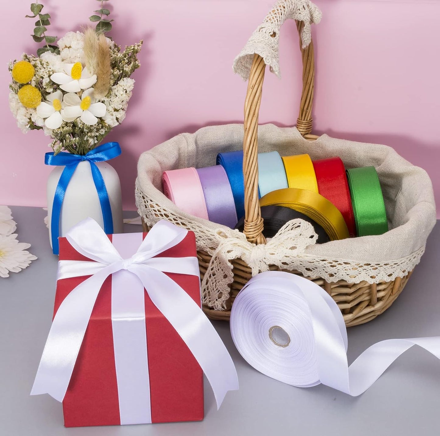 1 Inch White Solid Satin Ribbon, 50 Yards Craft Fabric Ribbon for Gift Wrapping Floral Bouquets Wedding Party Decoration