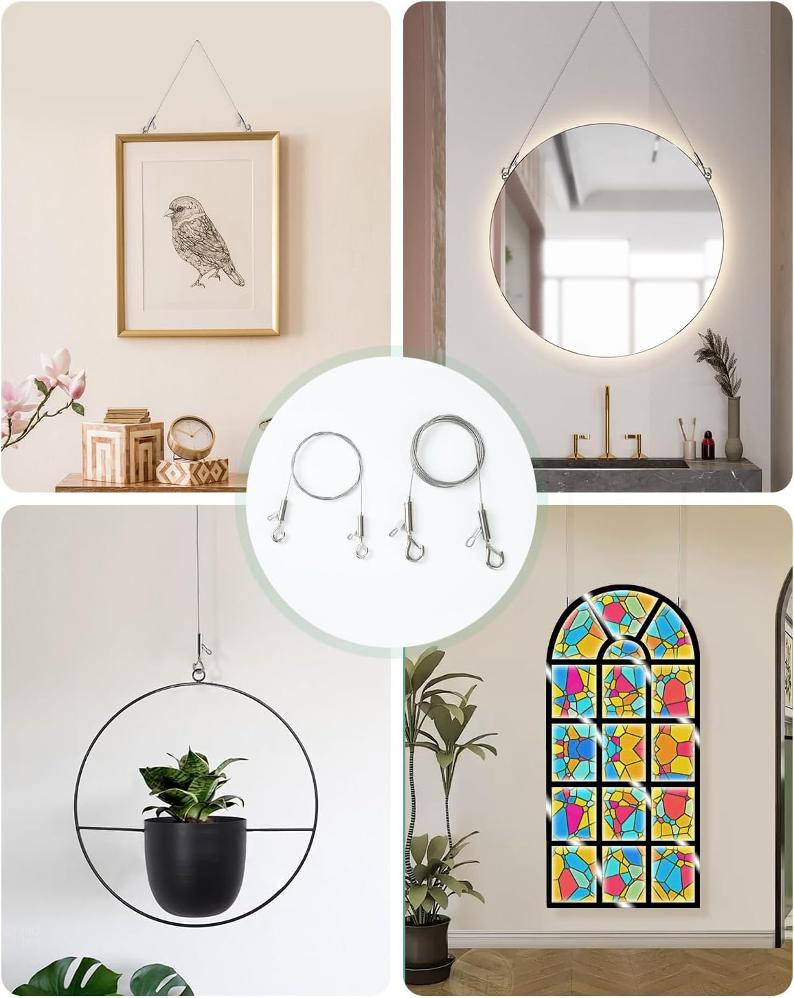 4PCS Adjustable Picture Hanging Wire 1.5m x 1.5mm Large Hooks, Picture Frame Wire Kit Heavy Duty 100lbs, Stainless Steel for Art, Mirror, Light Lamp, Billboards, Basket Flowerpot