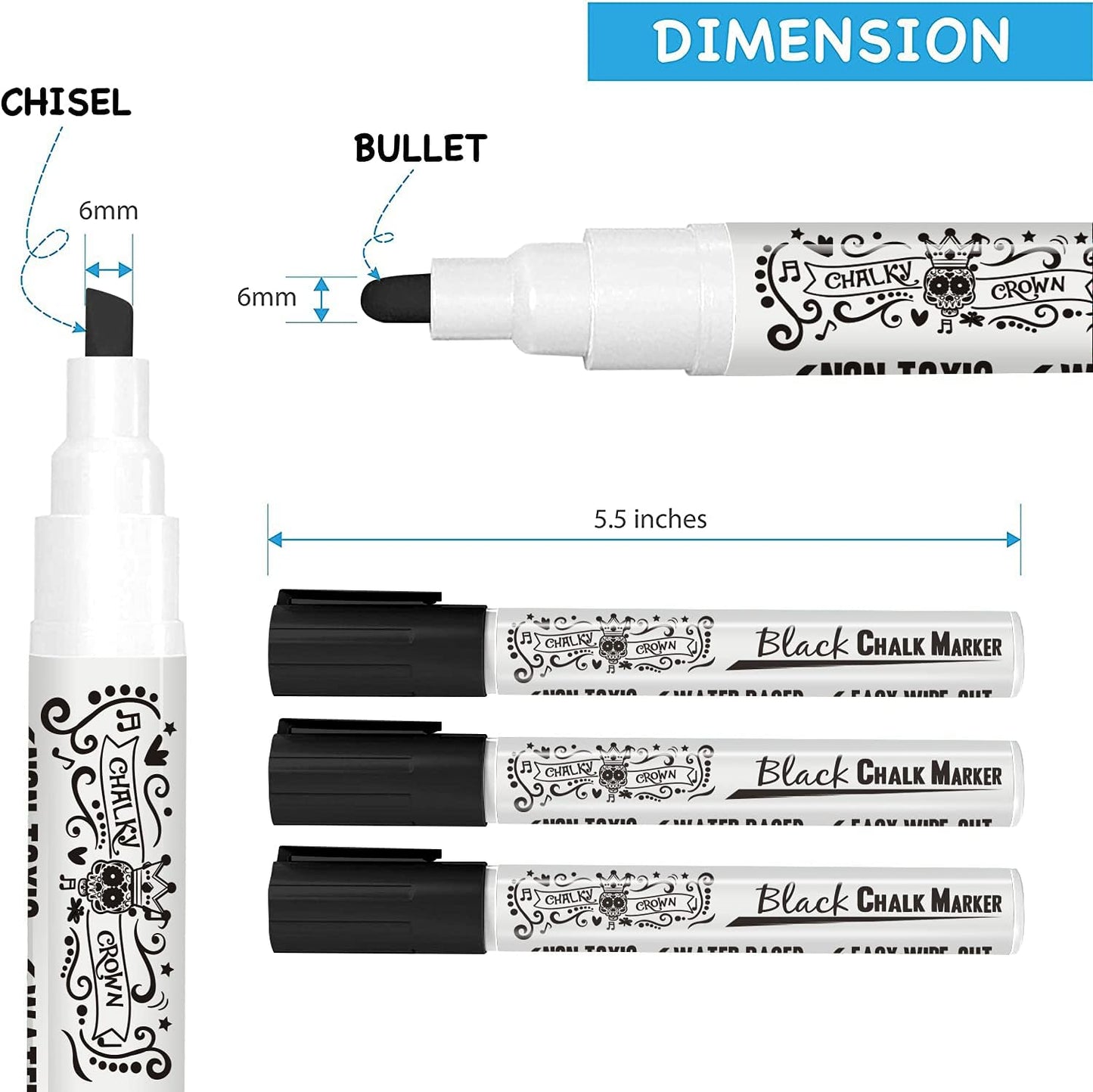 CHALKY CROWN Liquid Chalk Marker Pen - Dry Erase Marker - Chalk Markers for Chalkboard Signs, Windows, Blackboard, Glass - 6mm Reversible Tip (Black, 5 Pack)