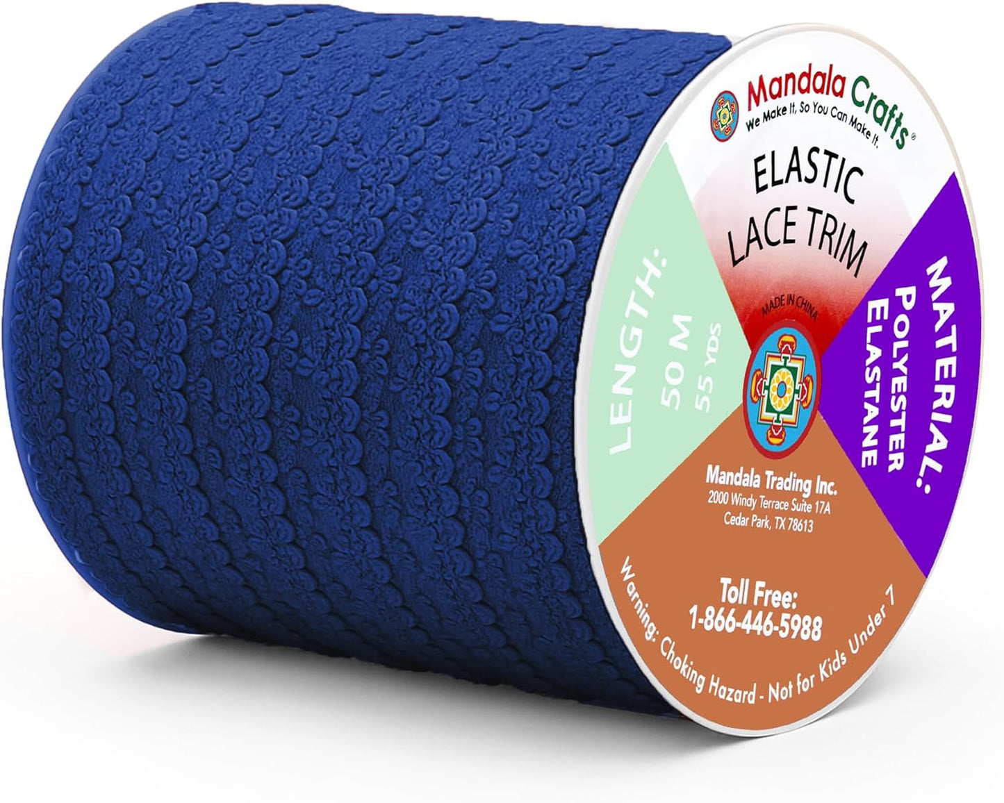 Mandala Crafts Navy Blue Stretch Lace Soft Elastic Trim Roll - 55 Yards 1 Inch Wide Stretchy Frilly Picot Ribbon for Sewing Lingerie, Headbands, Underwear, and Crafts