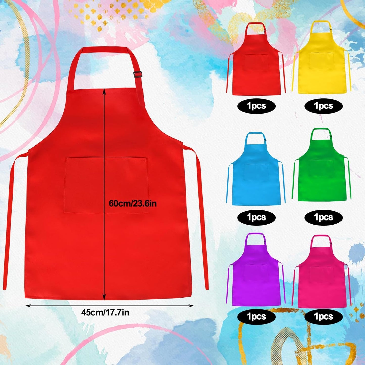 PLULON 6 Pcs Kids Apron Set Adjustable Children Art Apron with 2 Pockets Artist Apron Bulk for Baking Painting Cooking Activity - 6 Colors