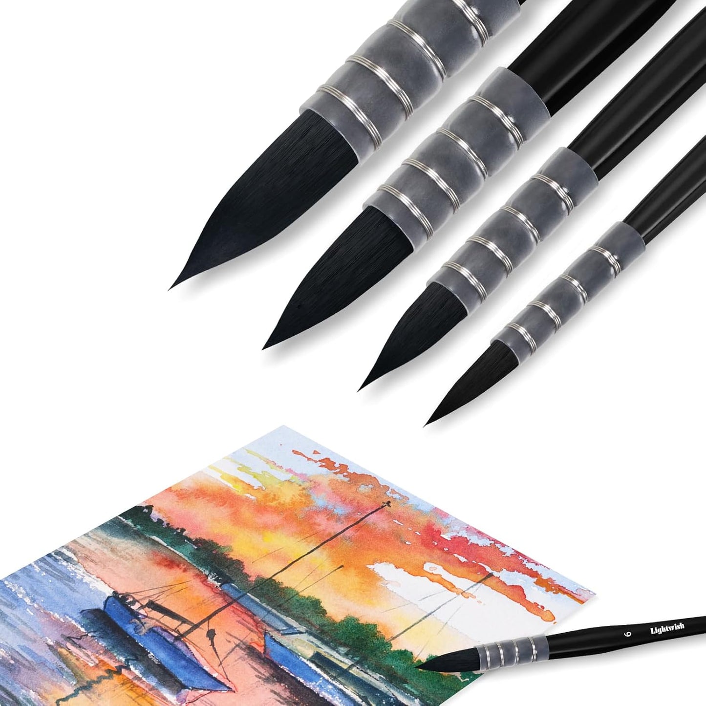 Lightwish Watercolor Brushes Set, Synthetic Squirrel Hair Paint Brushes Kit :#2#4#6#8 for Artists, Adults, and Hobbists, Pointed Round Mop Brush for Watercolor, Gouache,4 Pcs
