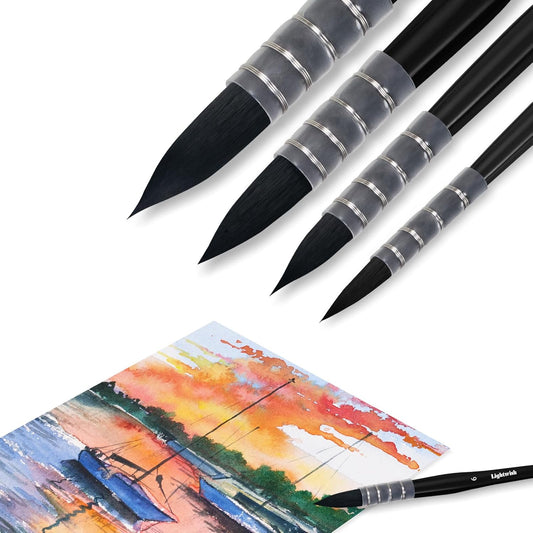 Lightwish Watercolor Brushes Set, Synthetic Squirrel Hair Paint Brushes Kit :#2#4#6#8 for Artists, Adults, and Hobbists, Pointed Round Mop Brush for Watercolor, Gouache,4 Pcs