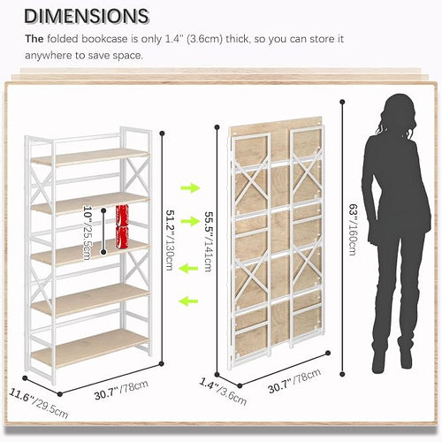 4NM Extra Wide 5 Tiers No Assembly Book Shelves, 51.2" H Folding Bookshelf - Image 2