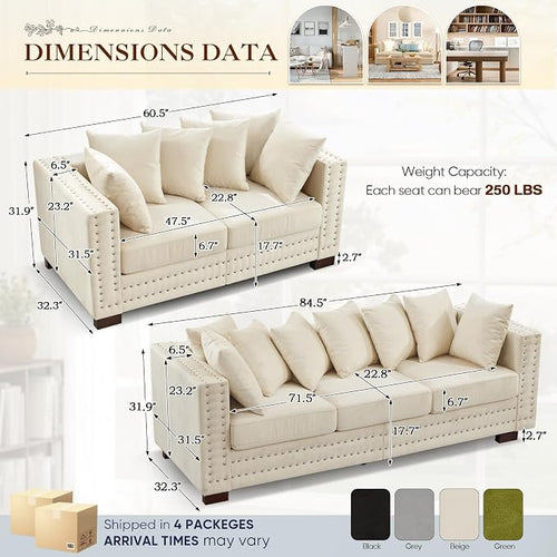 2 Piece Velvet Couch and Loveseat Sets, Mid Century Modern Couch - Image 2