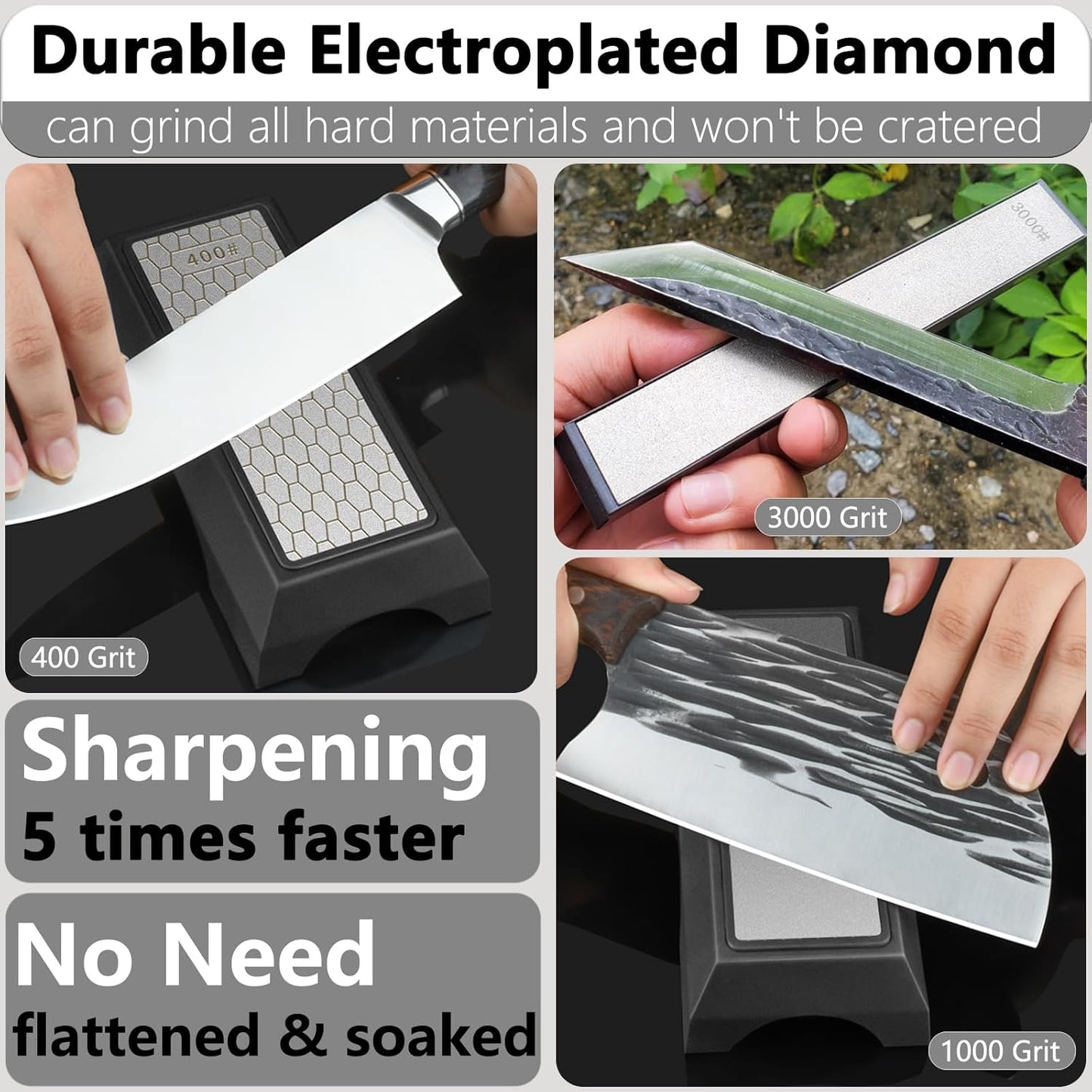 Diamond Sharpening Stone Set, Knife Sharpener Stone, Double-sided Coarse 400 / Fine 1000# | Extra Fine 3000 Grit, 2 Sizes Whetstone Tool with Non-Slip Base, Diamond Plate Honing Stone, Hone Sharpener