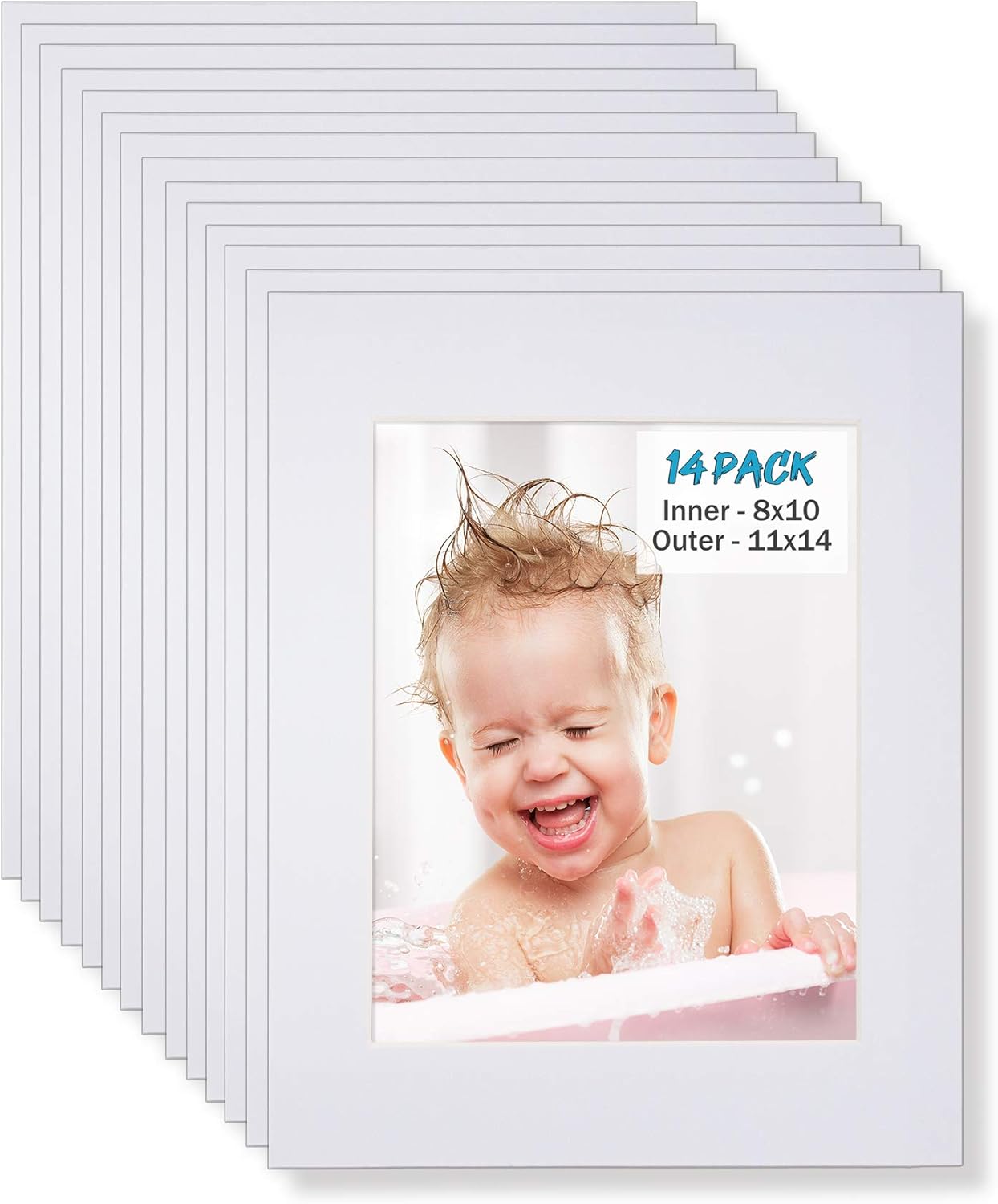 Egofine 11x14 White Picture Mats Pack of 14, Frame Mattes for 8x10 Pictures, Acid Free, 1.2mm Thickness, with Core Bevel Cut