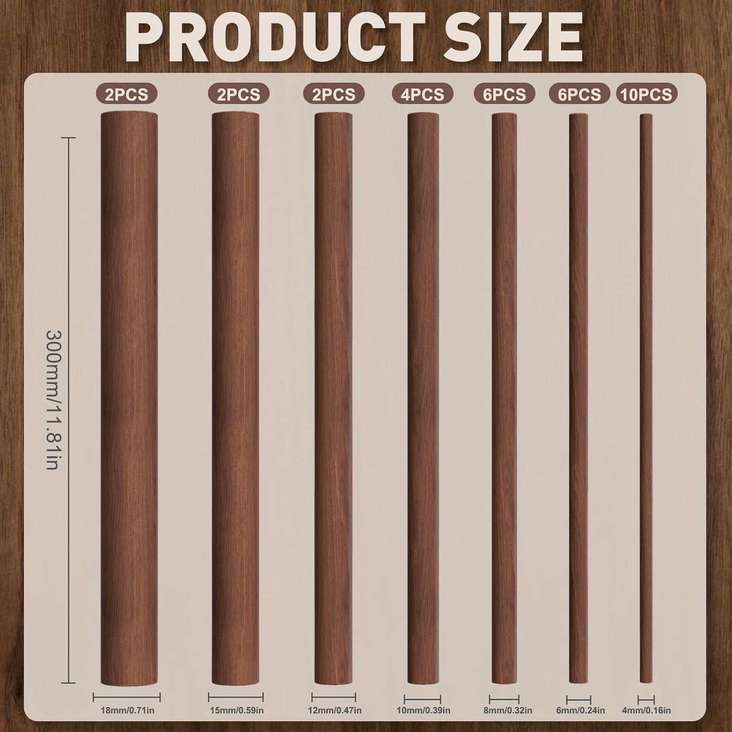 32Pcs 7 Size Walnut Wooden Dowel Rods 11.8 Inch Long Wooden Dowel Rods Sticks 4/6/8/10/12/15/18mm Wood Sticks for Crafts Unfinished Round Sticks for Crafts and Woodworking Building Material