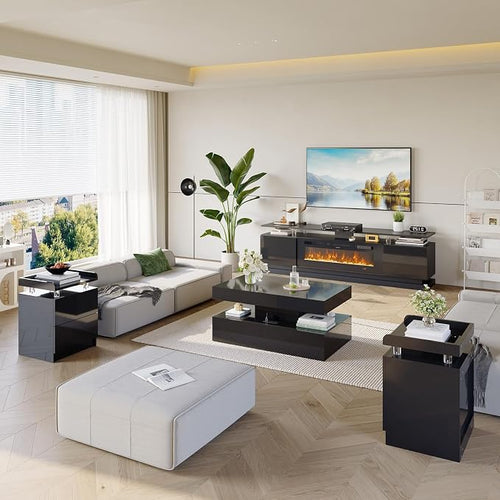 4-Piece Modern Living Room Table Set, Includes High Gloss 70" Fireplace TV Stand - Image 2