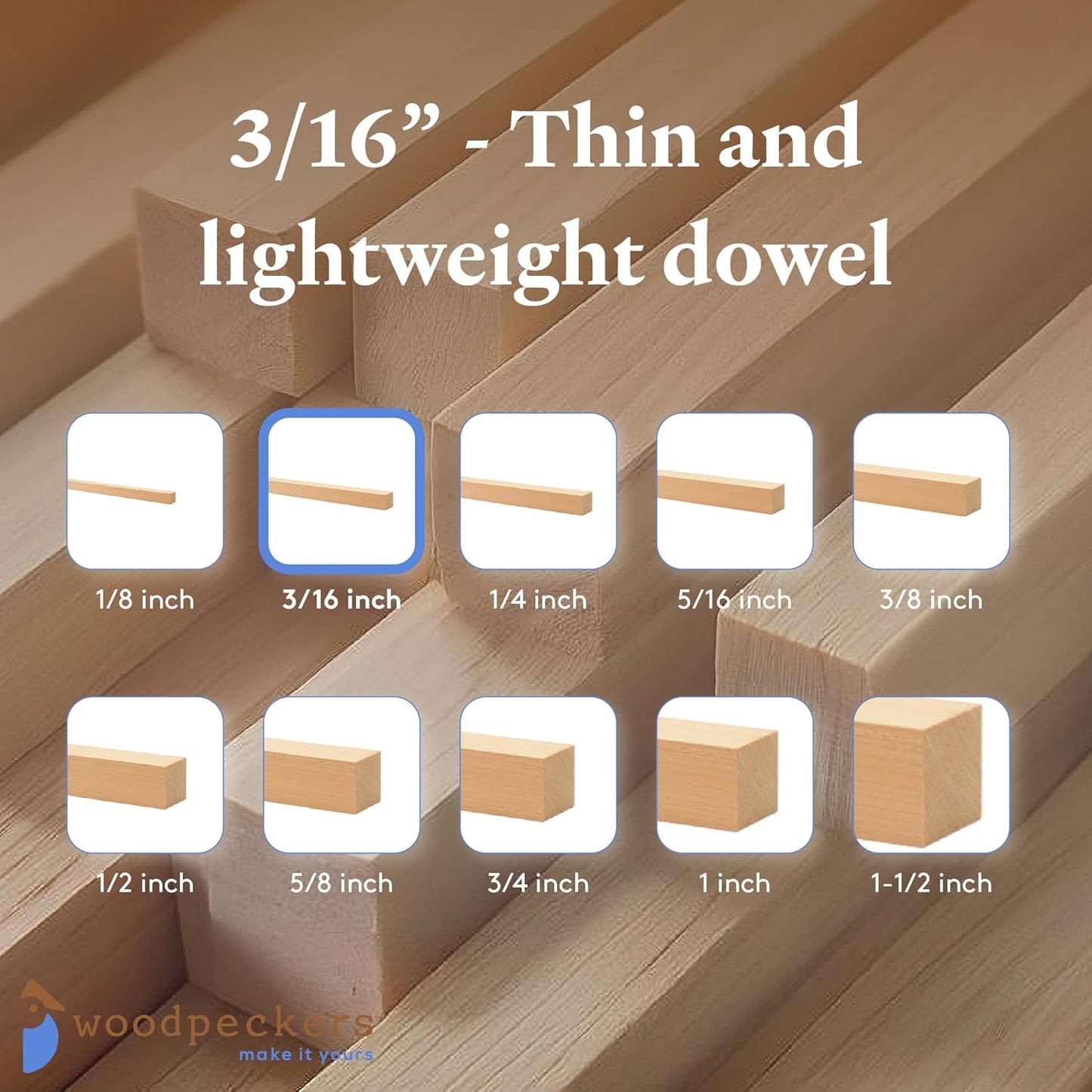 DIY Wooden Square Dowel Rod 3/16-inch x 36 Pack of 25 Hobby Wood Sticks for Crafts, Wood Trim & Architecture Model Making, by Woodpeckers