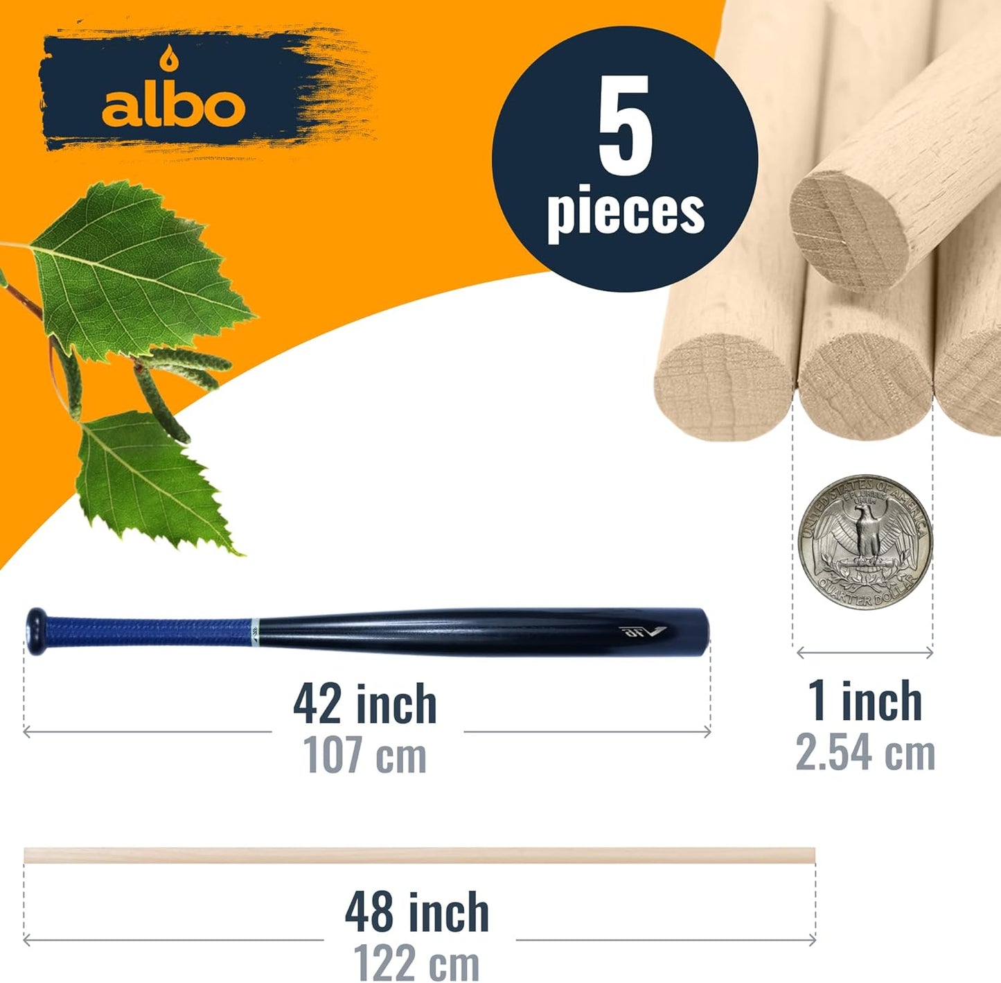 ALBO 1" x 48" Wooden Dowel Rods Set - 5 Pack Birch Natural Strong Long Craft Sticks Woodworking Furniture Garden Structures Hardwood Sanded Smooth Versatile Material Railings Supports
