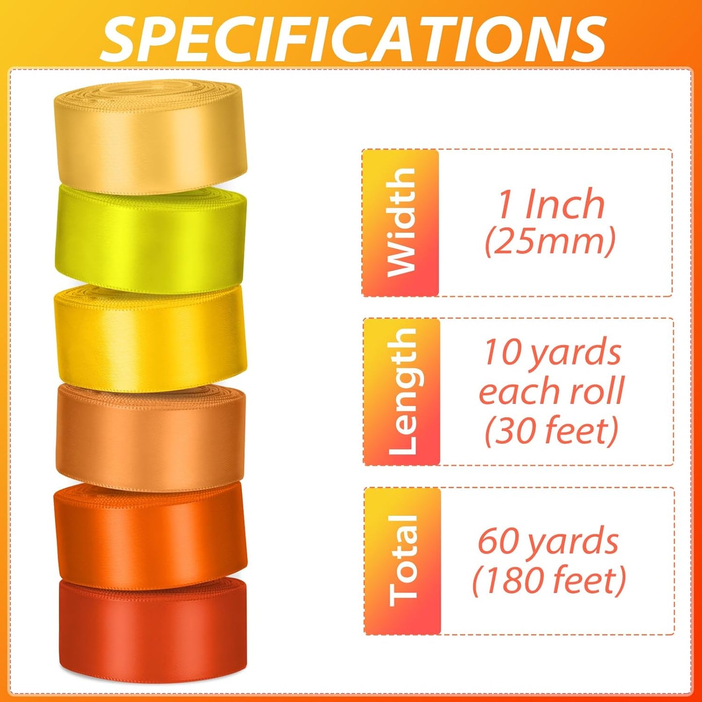1 Inch Orange Satin Ribbons for Crafts, 6 Rolls Single-Faced Orange Assorted Ribbons for Gift Wrapping Flower Bouquet Wedding Invitations Bridal Shower Hair Bows Garland Party Decor