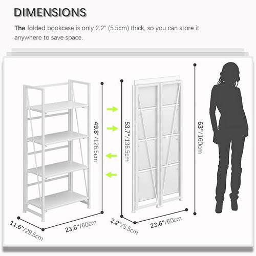 4NM No Assembly Folding Bookshelf Storage Shelves 4 Tiers Vintage Bookcase - Image 2