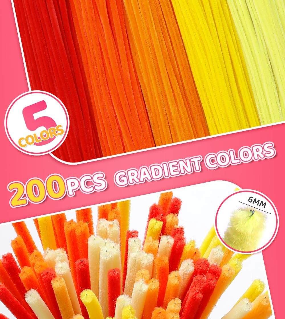 IOOLEEM Orange Pipe Cleaners,200pcs in 5 Colors, Chenille Stems for Art and Craft Projects,Flower DIY Decorations