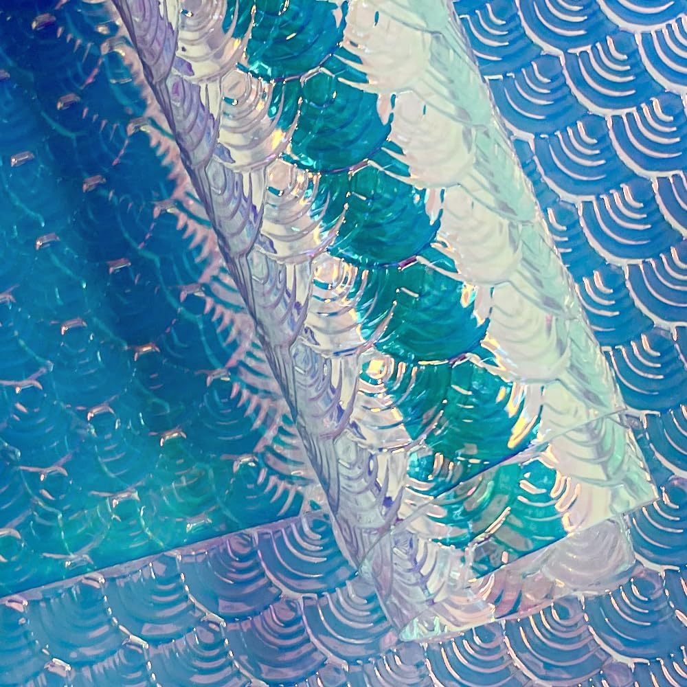 ONEART | Iridescent Transparent Embossed Vinyl Holographic Blue Clear PVC Vinyl Craft Film 16"×54" for Sewing DIY Projects-Conch