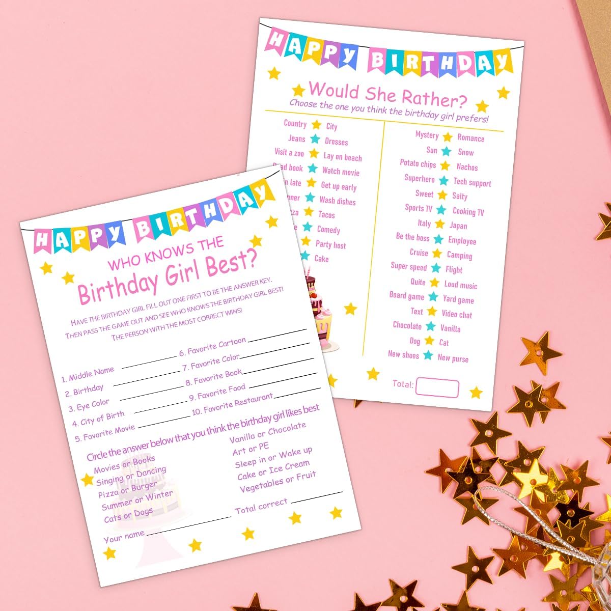 Birthday Party Games Set for Girls- 20 Birthday Double Sided Games Cards Set- Girls Birthday Party Activity Notebook Themed Party Activity and Idea - Girl Birthday Supplies, Activity, Decorations