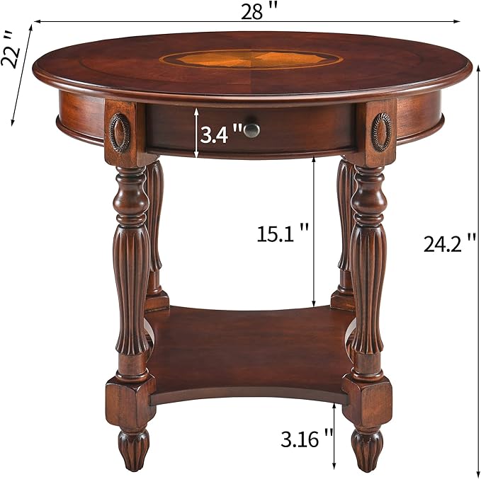 Solid Wood Oval End Table with Drawer and Storage Shelf, Traditional Vintage - Image 2