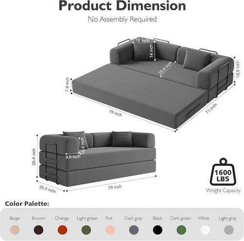 79in Convertible Sofa Bed, Corduroy Boneless Couch Bed, Futon Sleeper Sofa Pull - Image 2