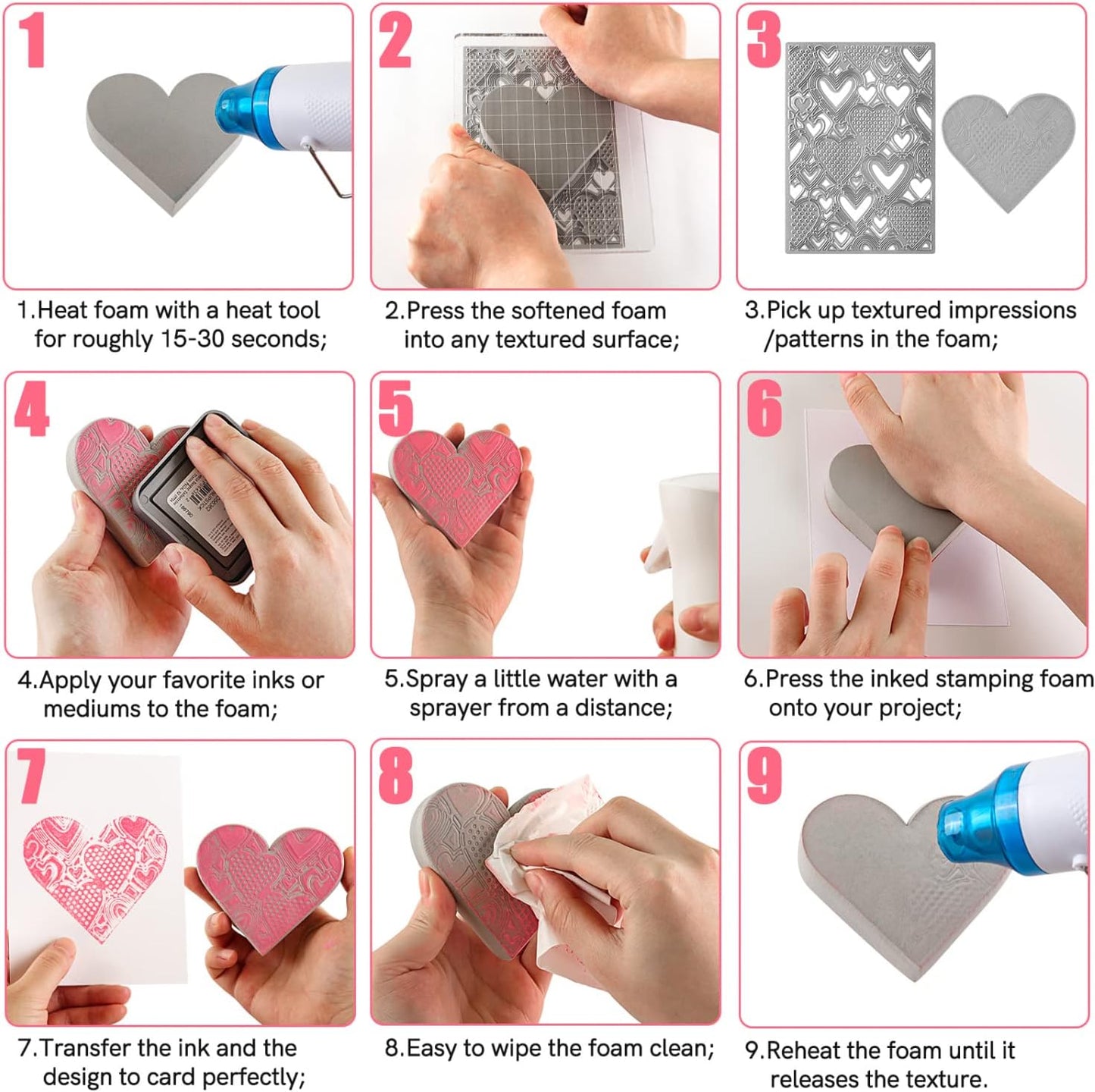 BAOFALI 9 Pcs Heart Cut Stamping Foam Grey Moldable Foam Stamps Plastic Dry Foam Stamp Pad Cut and Dry Foam Stamping Foam Block for Sculpture, Modeling, DIY Arts and Handicrafts Projects