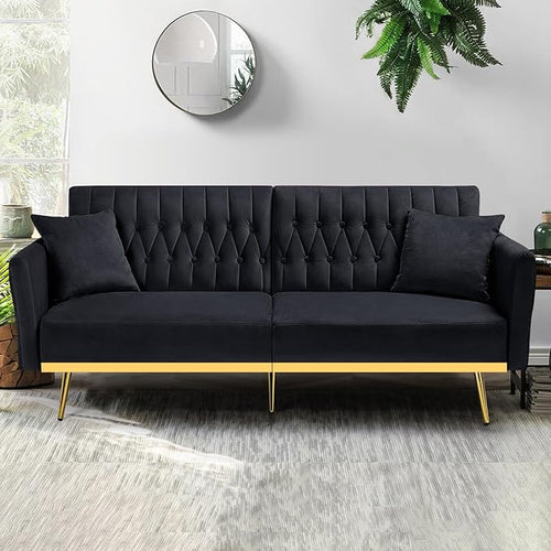 70” Velvet Futon Sofa Bed with 2 Pillows and Adjustable Armrests, Convertible - Image 2