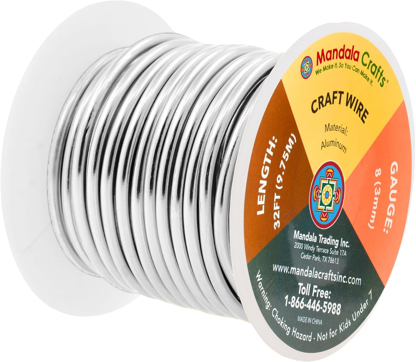 Mandala Crafts 8 Gauge Anodized Aluminum Craft Wire for Jewelry Making - 32 FT Colored Flexible Silver Wire - Bendable for Bonsai Armature Crafting Sculpting