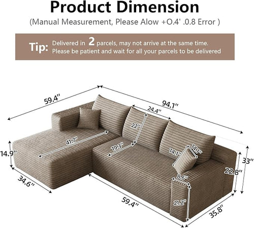 95" Cloud Sectional Couch with L-Shape Chaise, Modular Comfy Sofa Chaise Longue - Image 2